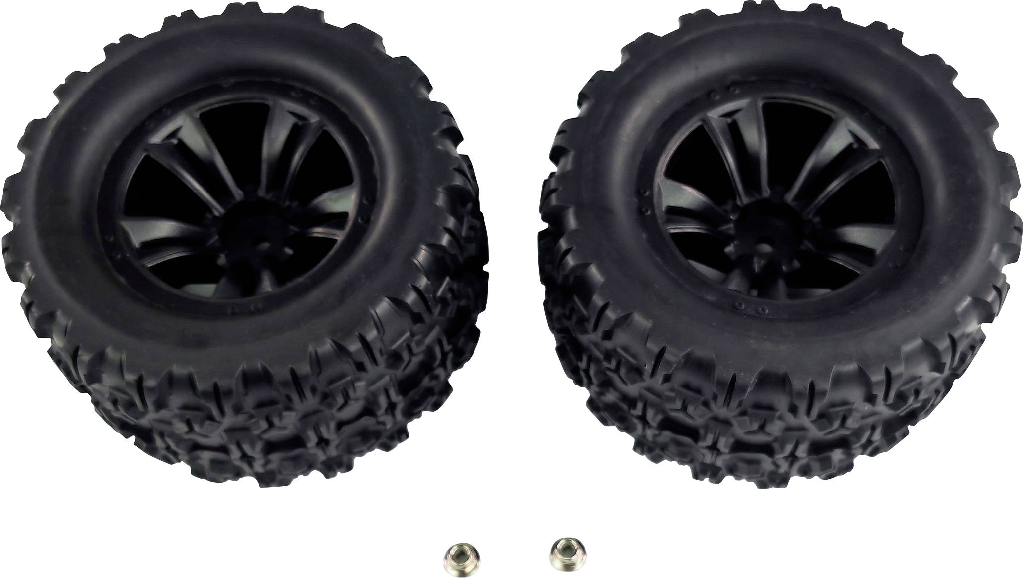 Two black, chunky toy tyres with two mounting nuts underneath. Suitable for remote-controlled cars.