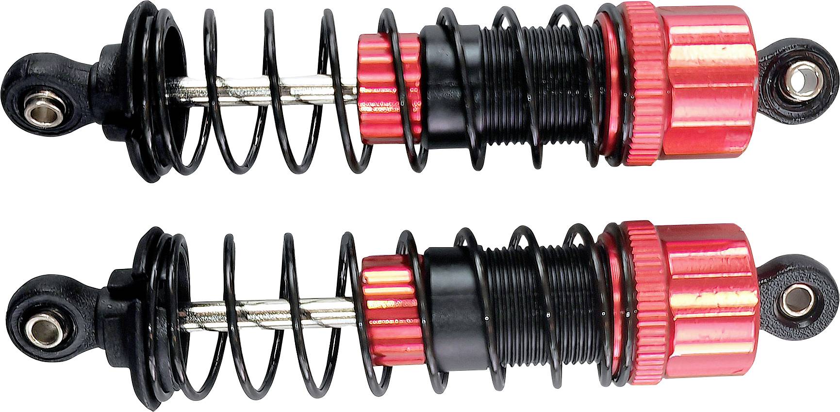 Two red shock absorbers with coil springs and metal mountings at the top and bottom. They are arranged side by side on a white background.