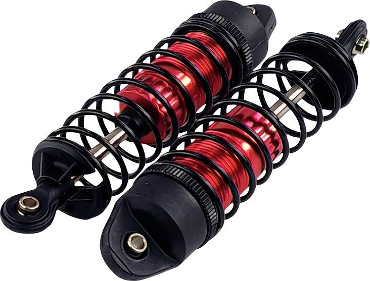 Red shock absorbers with black springs and end caps. They are lying side by side and are designed for suspension in vehicles.