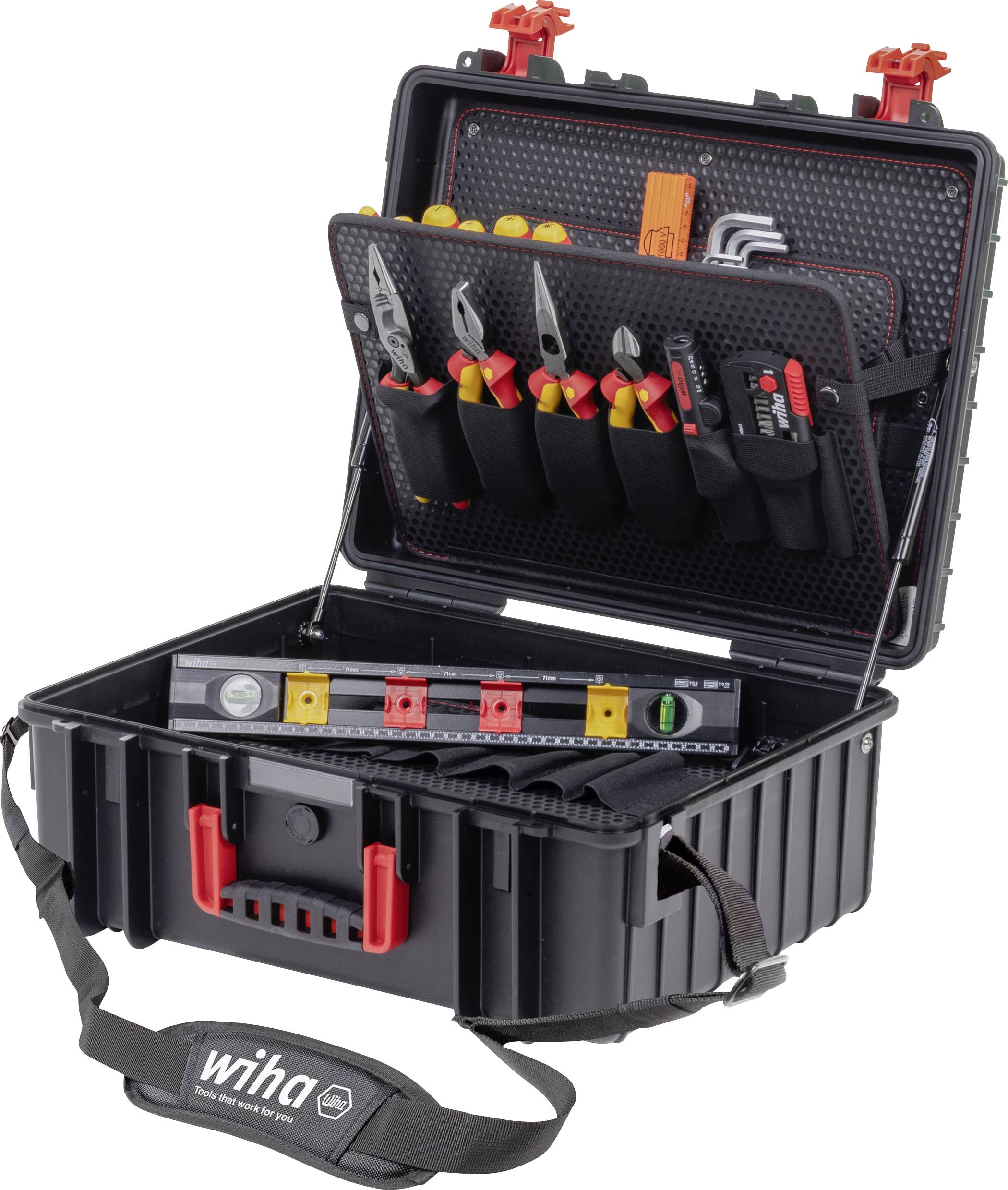 Open toolbox with various hand tools such as pliers, screwdrivers and spirit level. Wiha logo on the case.
