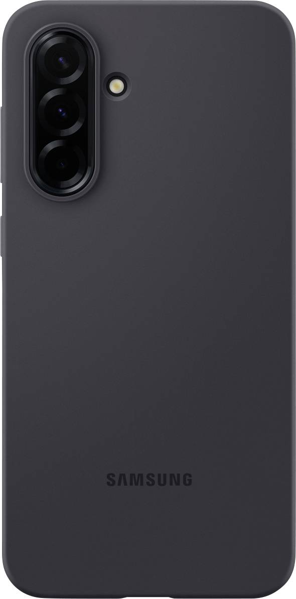 A black Samsung smartphone from the back, showing three camera lenses and a flash light.