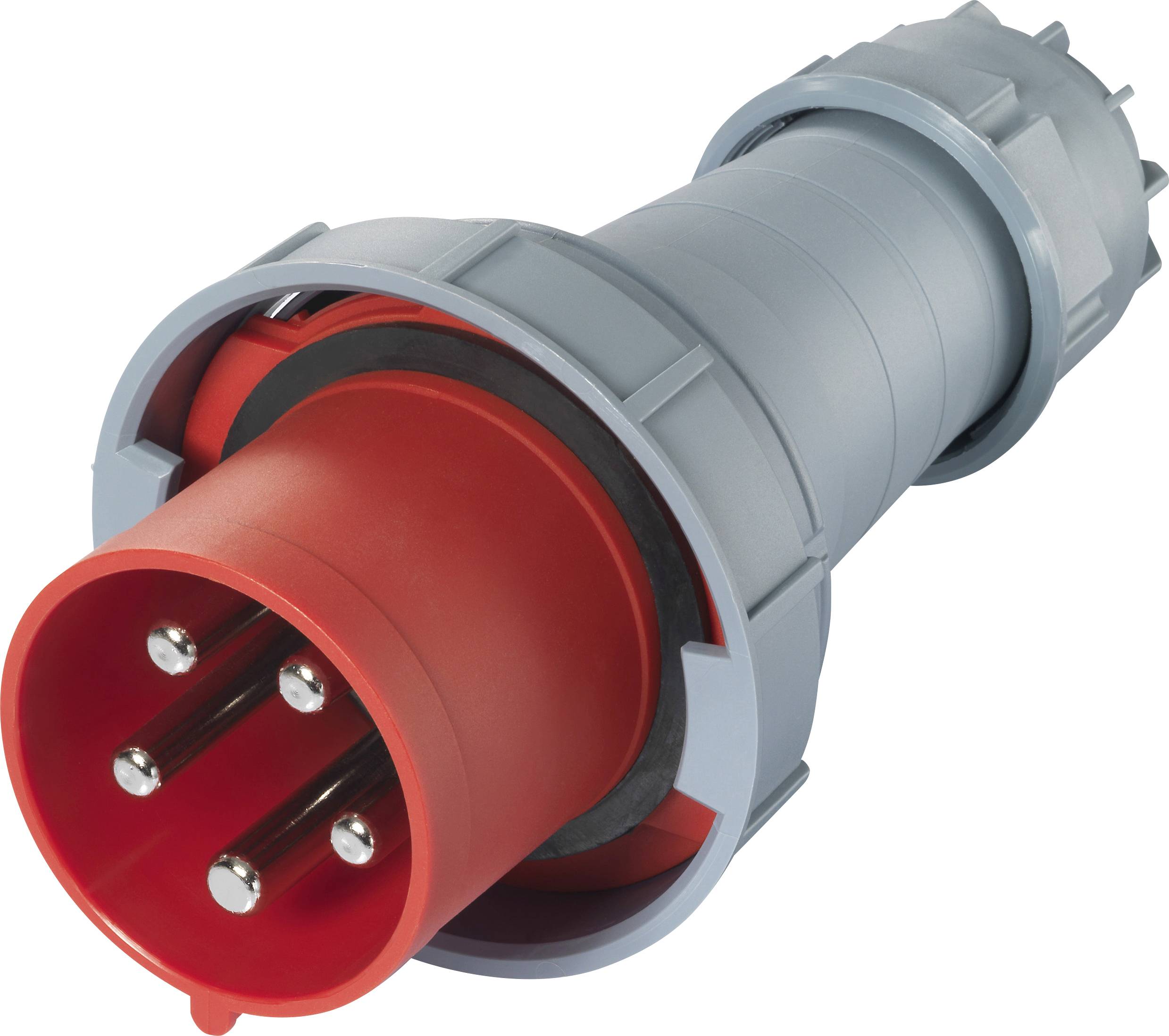 A red, three-pole industrial connector with gray housing, suitable for high-power electrical applications, shows a robust construction.