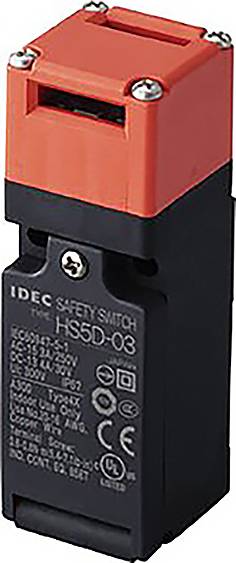 Safety limit switch HS5D-03 by IDEC in red and black housing, containing various technical symbols and specifications.