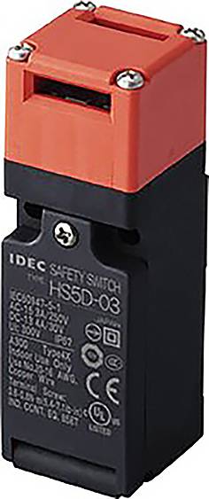 A red and black safety switch from IDEC, Model HS5D-03, with technical specifications on the front.