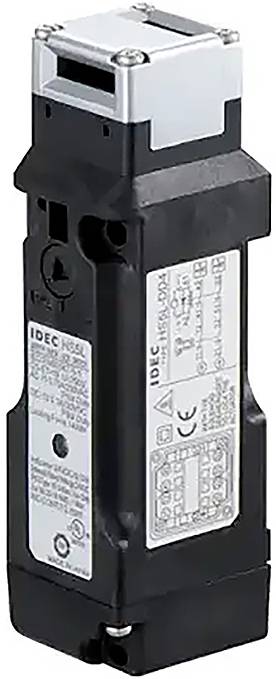 A black, rectangular electrical switch or sensor with silver edges, a CE mark, and technical specifications.
