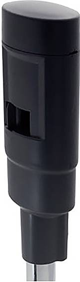 Black device with a sleek, cylindrical design and a side switch. Possibly an electronic handheld controller.