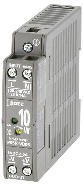 Grey-white power supply unit with labelling '100-240VAC', '10W', 'PSSR-VB05', input/output ports and LED status indicators.