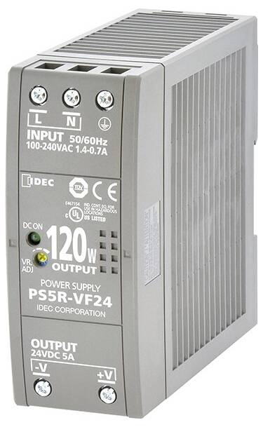 IDEC 'PS5R-VF24' Switched Mode Power Supply, Input: 100-240VAC, 1.4-0.7A, 50/60Hz. Output: 24VDC, 5A, 120W. Grey housing, connections on top.