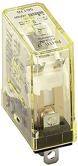 A rectangular, transparent relay with a yellow plastic casing. Shows electrical components and metal contacts inside.