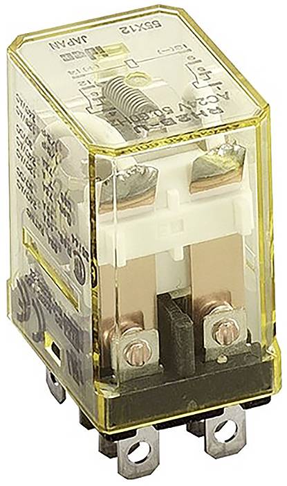 A transparent electromechanical relay with visible copper terminals and a coil, used for electrical circuits.