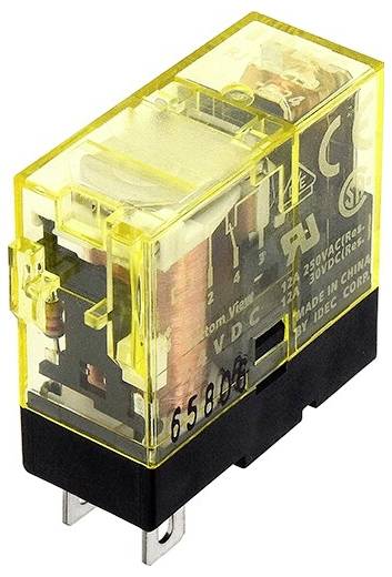 A yellow electrical relay with black terminals, suitable for 250V AC/30V DC, manufactured in China.