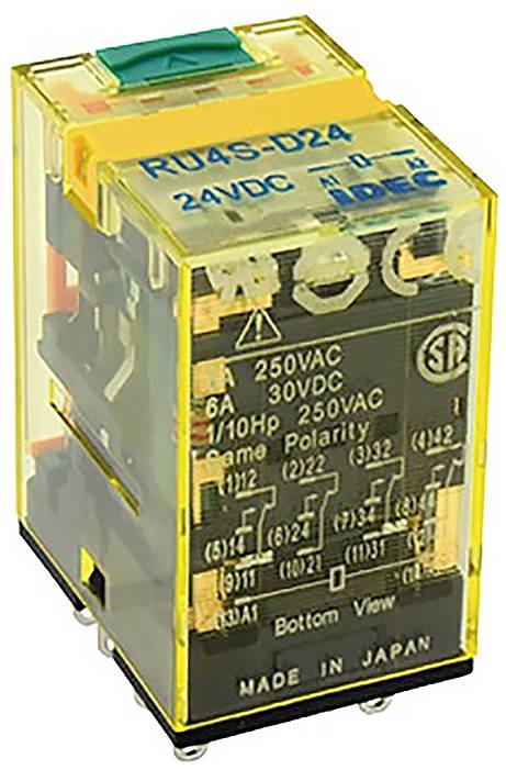 Electric relay with transparent casing showing internal components. Labelled 'RU4S-D24' with specifications in volts and amperes.