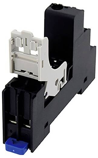 Black electric switch with blue button and white components, suitable for industrial or technical applications.