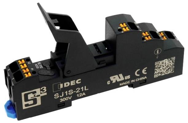 A black IDEC relay base with blue and orange elements, model SJ1S-21L, rated for 300V and 12A.