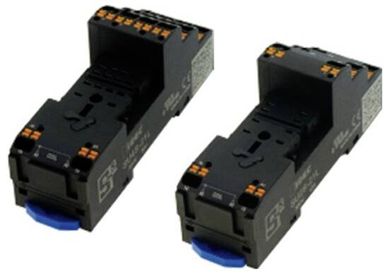 Two black, rectangular electronic components with blue and orange markings, used for industrial applications.