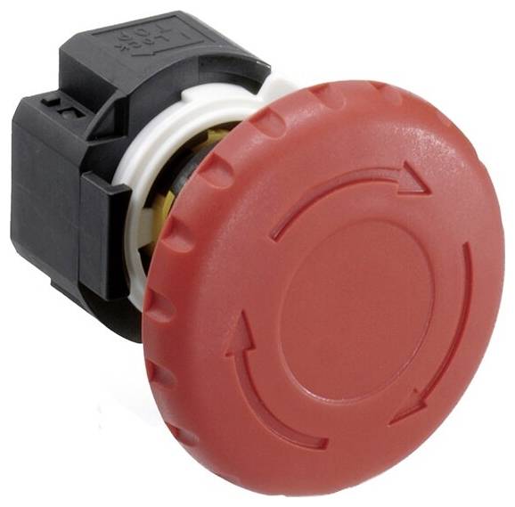 Red emergency stop switch with arrows running in a circle. The switch is large and prominent, mounted in a black housing.