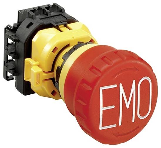 Emergency stop button with a red button and the letters 'EMO', housed in a yellow casing, often used for safety shutdown of machinery.