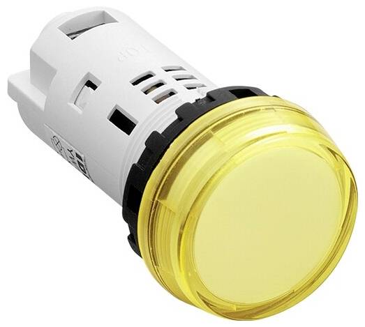 Yellow round push button with white housing and black mounting, suitable for controlling machines or electrical devices.