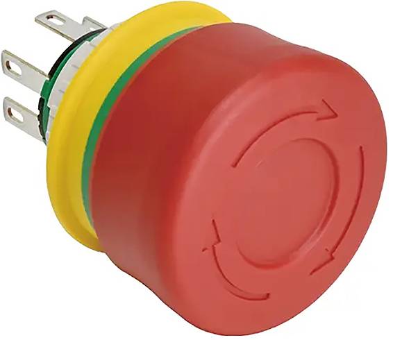 Red emergency stop button with yellow base and three electrical connections, used for quickly interrupting machine operation.