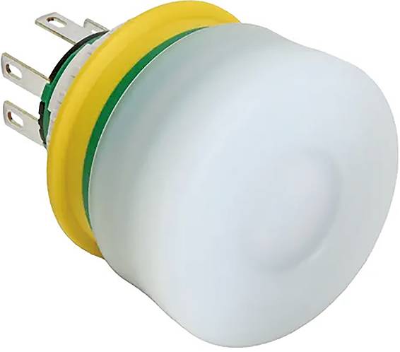 Round, yellow-green push button with three metal pins for electrical connection, commonly used in control cabinets.