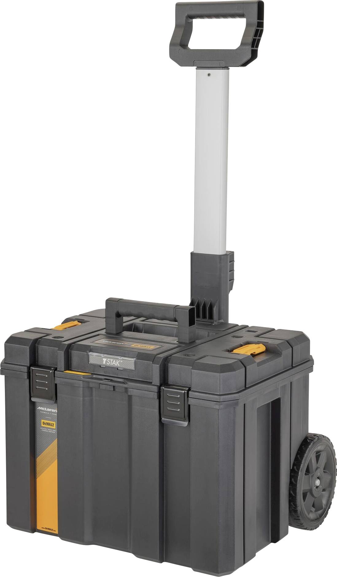 Black tool case with orange accents, telescopic handle and wheels. Ideal for transporting tools during mobile operations.