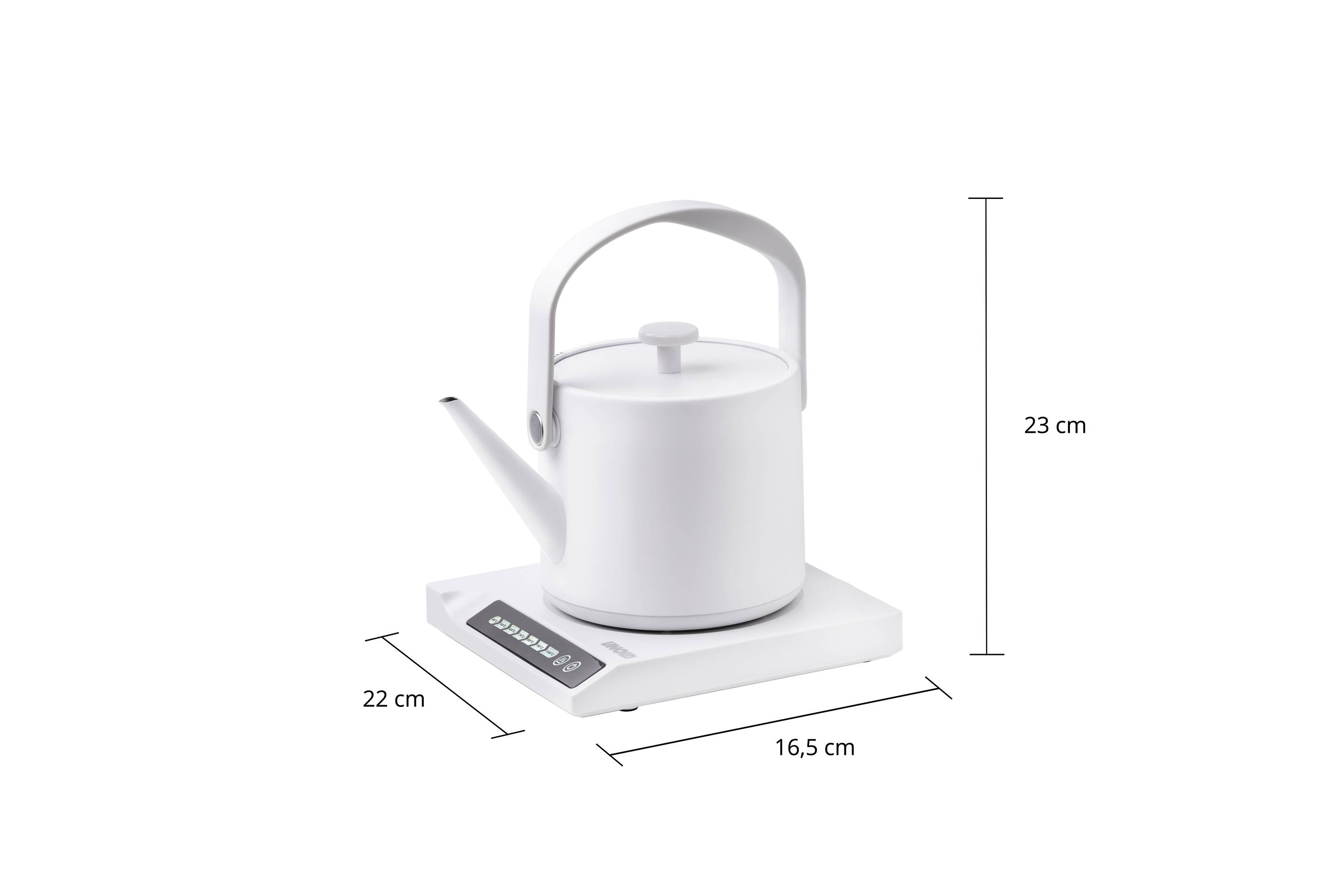 White electric kettle on a digital scale. Dimensions: 23 cm high, 22 cm deep, 16.5 cm wide. Ideal for precise water heating.