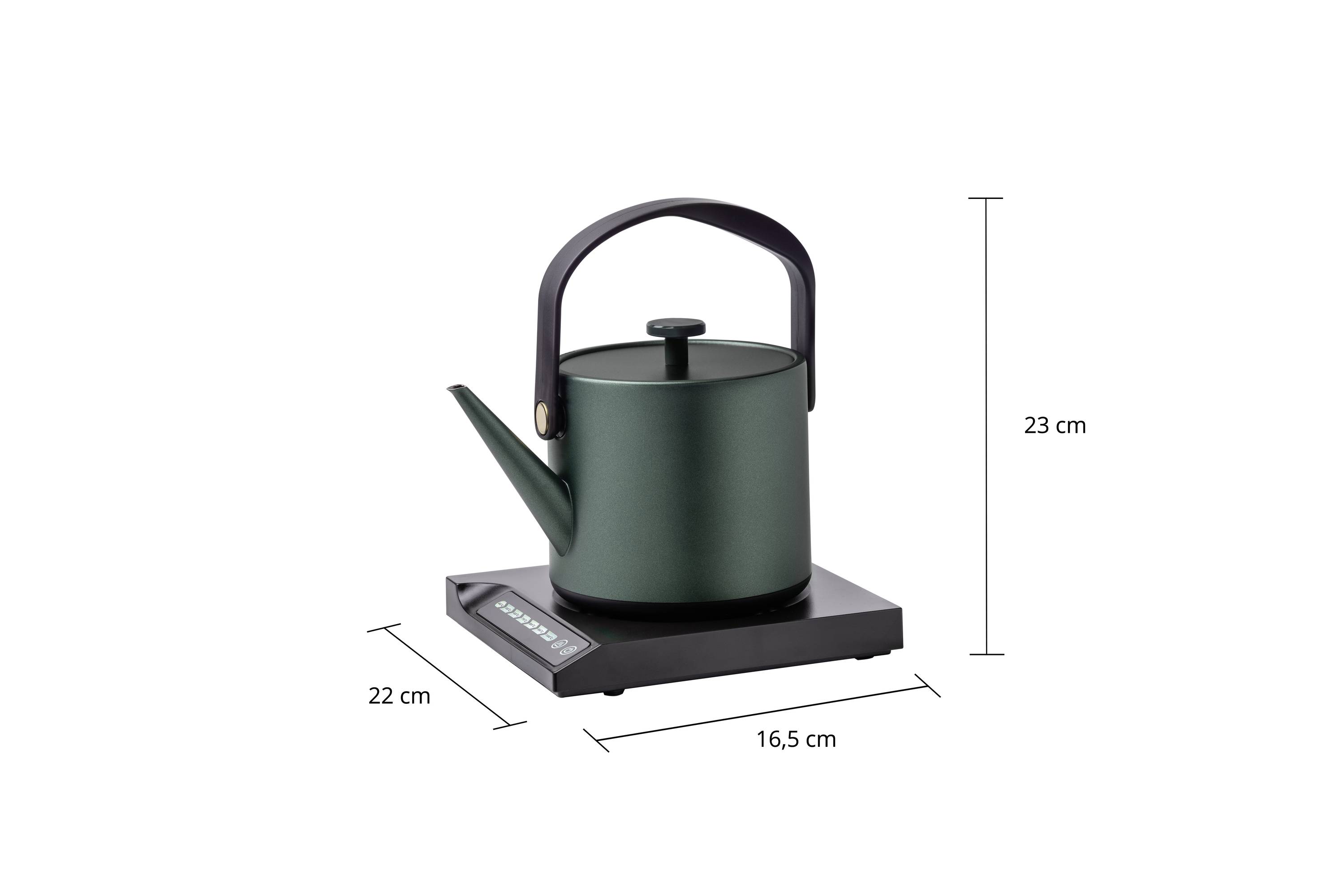 A green kettle with a black handle sits on a black base. Dimensions: height 23 cm, width 16.5 cm, length 22 cm.