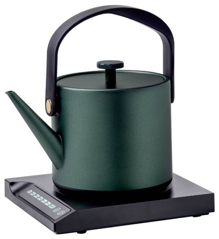 Green kettle on a black electric base with a control panel, perfect for modern kitchen design.
