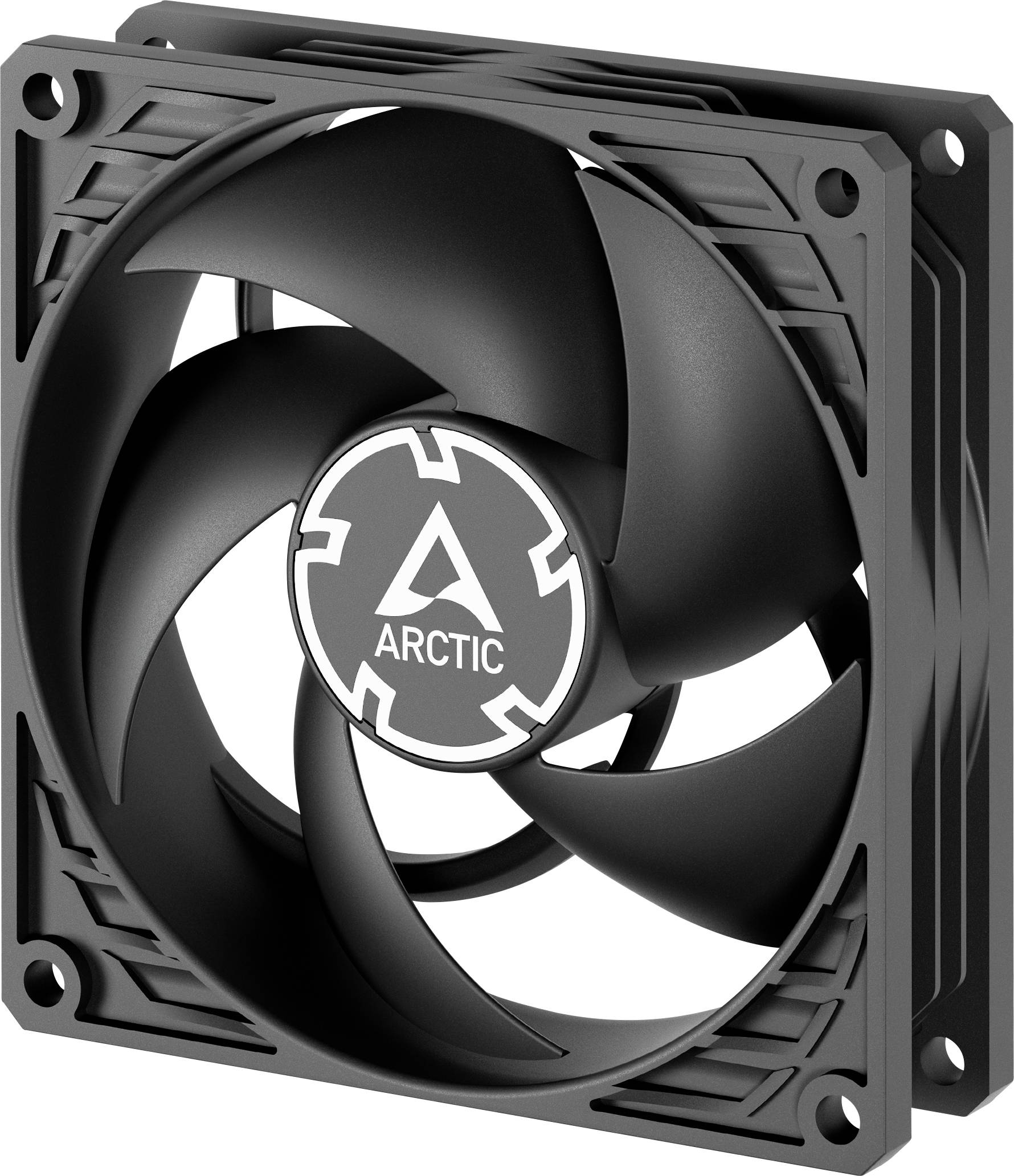 A black PC fan with the 'ARCTIC' logo in the centre. The fan has four curved blades and is mounted in a square housing.
