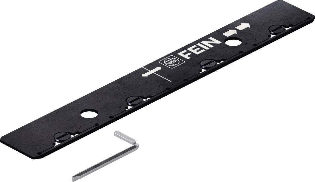 Black guide rail from 'FEIN' with arrow markings and a small Allen key beside it.