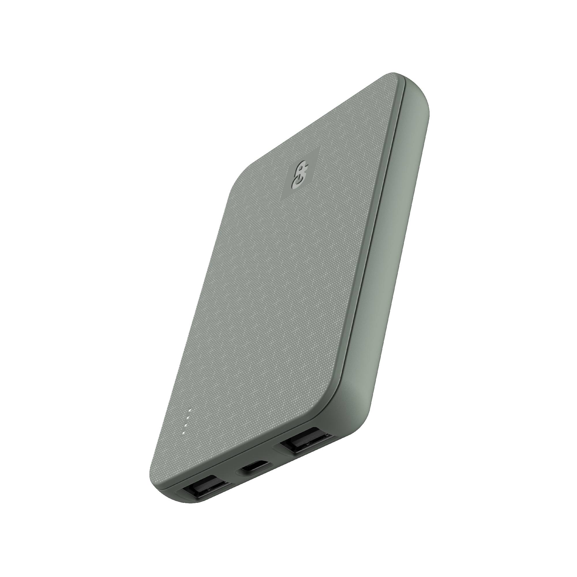 A grey power bank with two USB ports and an LED indicator on the front.