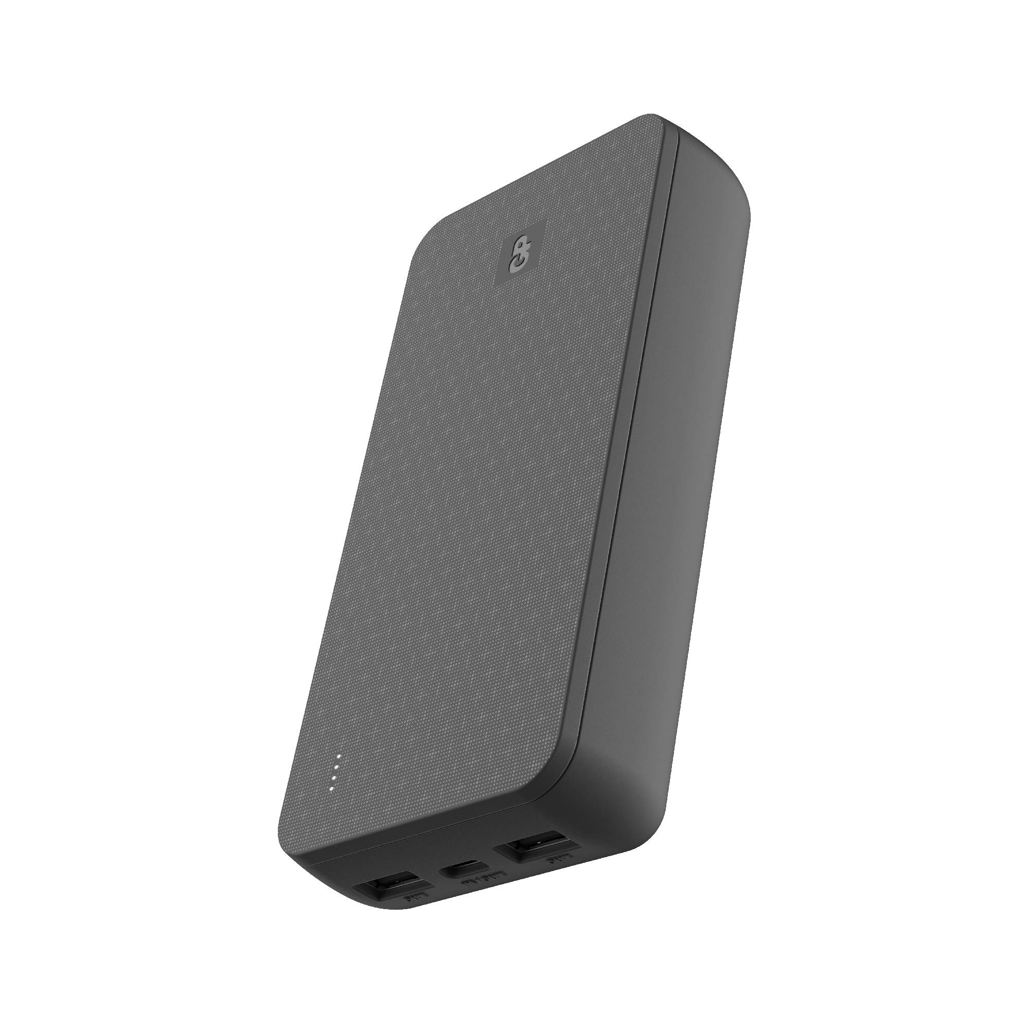 A black portable power bank with four USB ports on the underside and small charging indicator LEDs on the front.