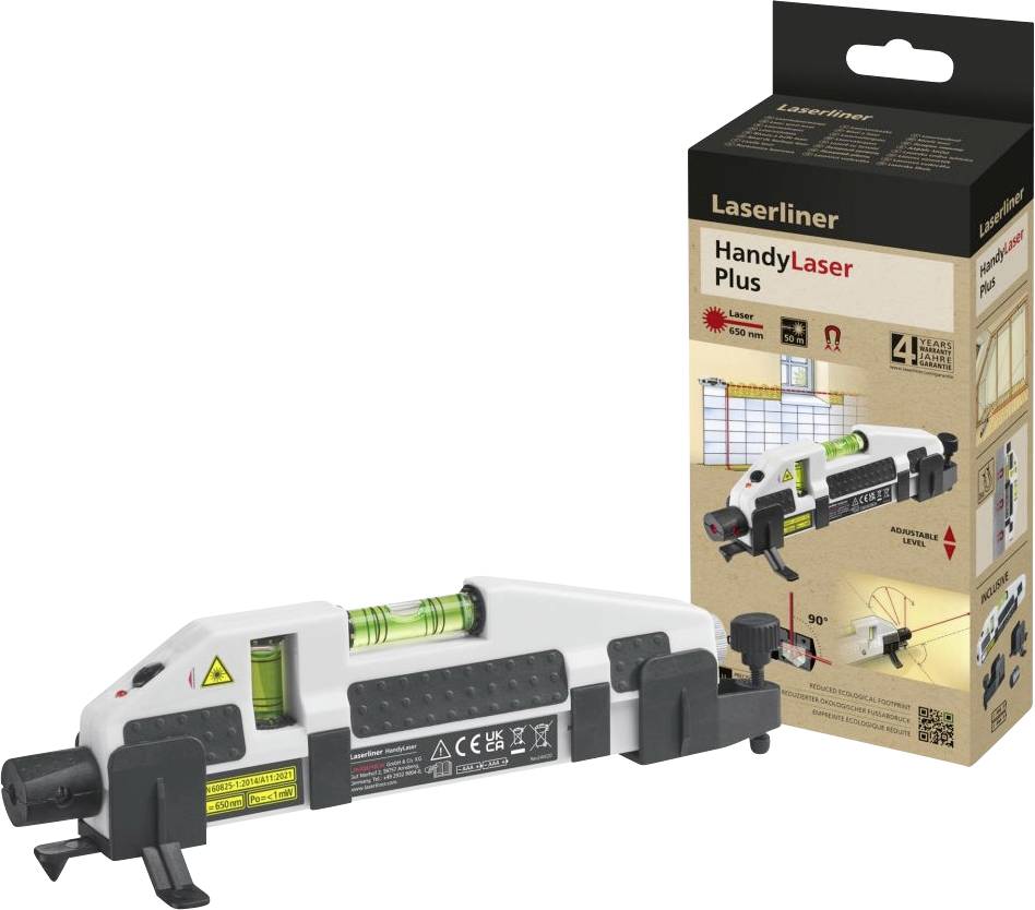 Laser spirit level with packaging. The device has a digital display and bubble vial for precise alignment. Packaging shows example applications.