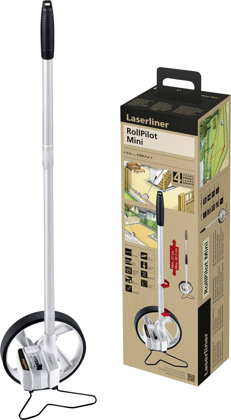 A white and black measuring wheel with a long handle, pictured in front of its packaging. Packaging shows product application and specifications.