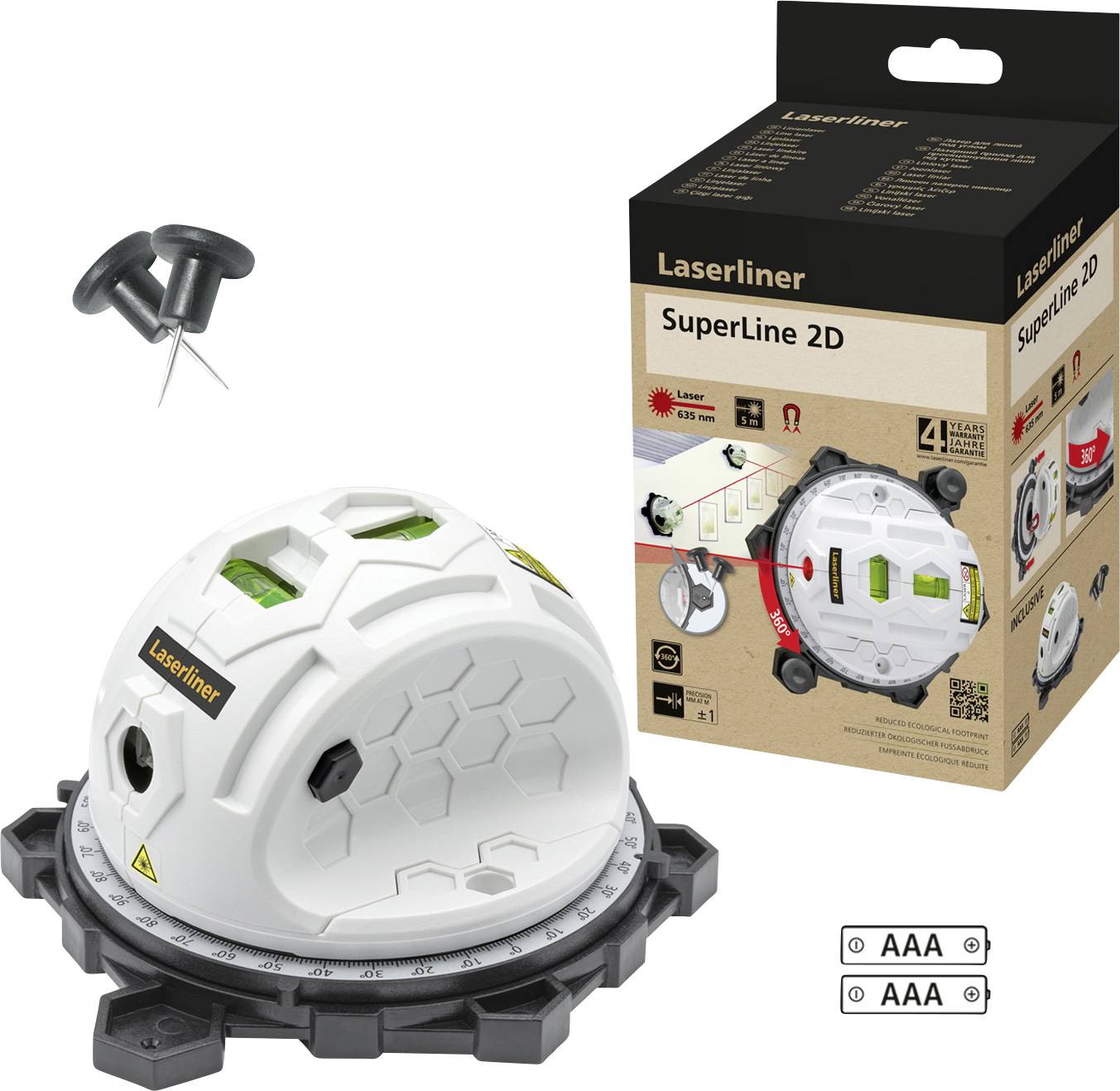 Cross-line laser 'Laserliner SuperLine 2D' with green laser beam and accessories, including packaging and batteries.