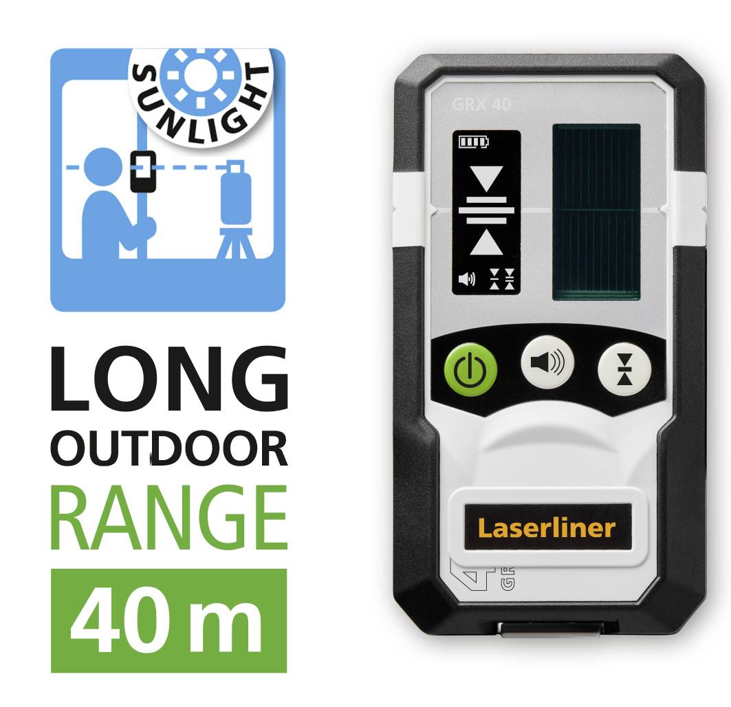 'Laserliner GRX-40' laser receiver with large outdoor range up to 40 m. Symbol indicates usage under sunlight.
