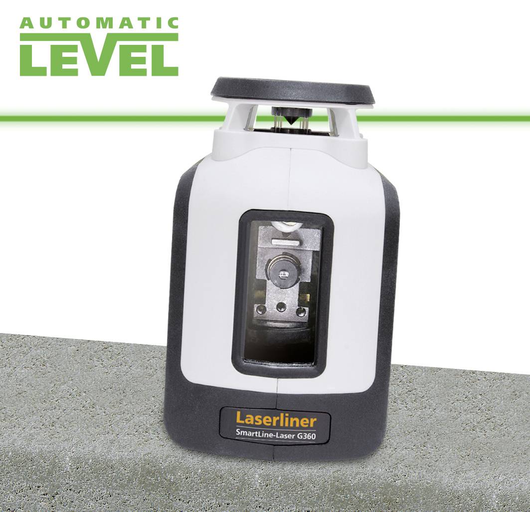 An automatic laser level SmartLine-Laser G360 on a grey background, used for precise levelling. In the background is written 'AUTOMATIC LEVEL'.