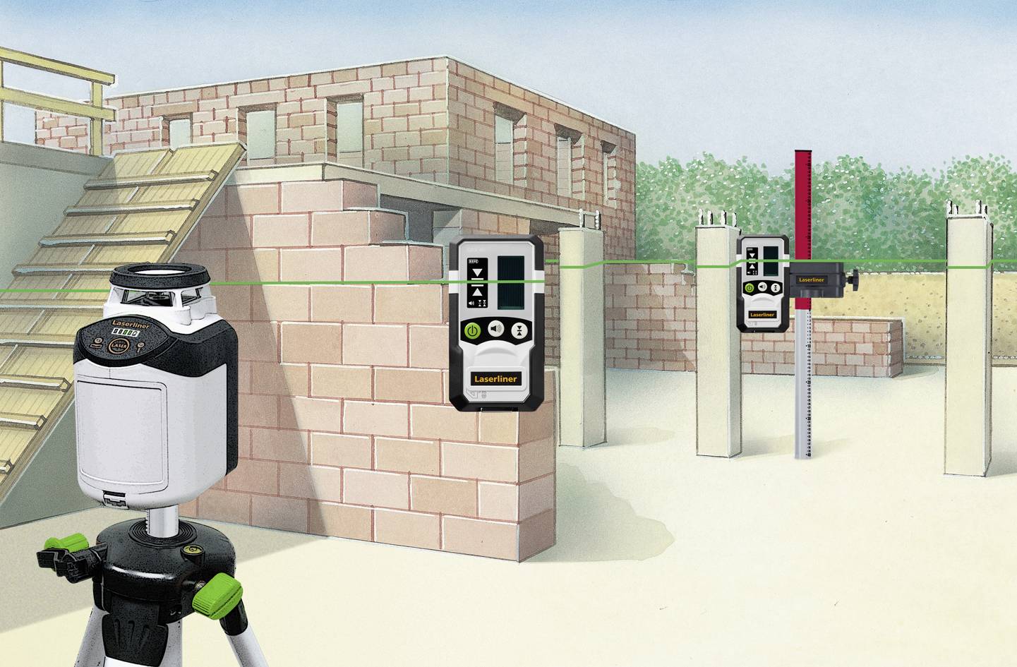 Construction site with a laser level mounted on a tripod. Two concrete pillars and a partially completed brick building in the background.