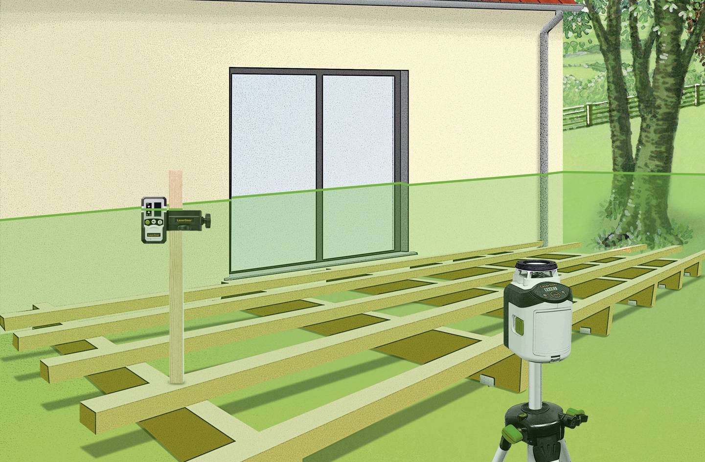 Construction of a Terrace: Wooden beams on ground frame in front of a house, aligned using a laser level.