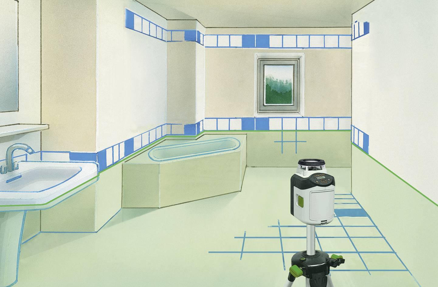 A bathroom in pastel shades with a bathtub, washbasin, and tiled pattern. A laser measuring device is standing on the floor.