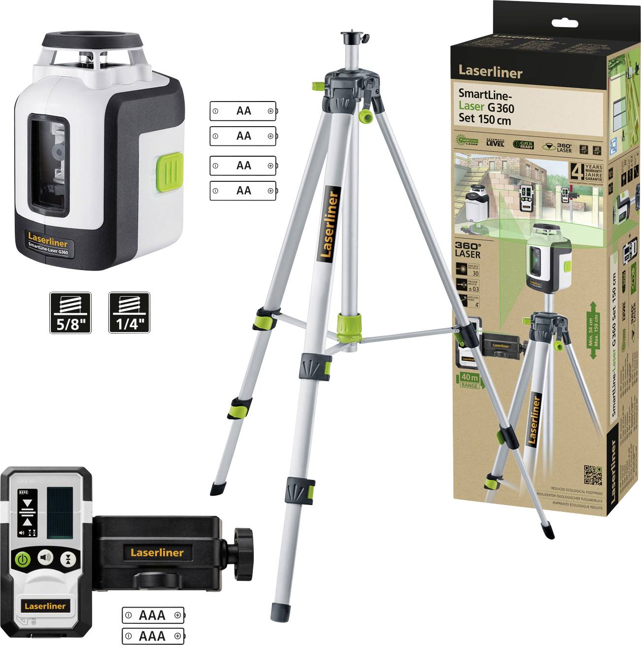Smartline Laser G360-Set includes a laser device, a tripod and batteries. Packaging shows application and technical details.
