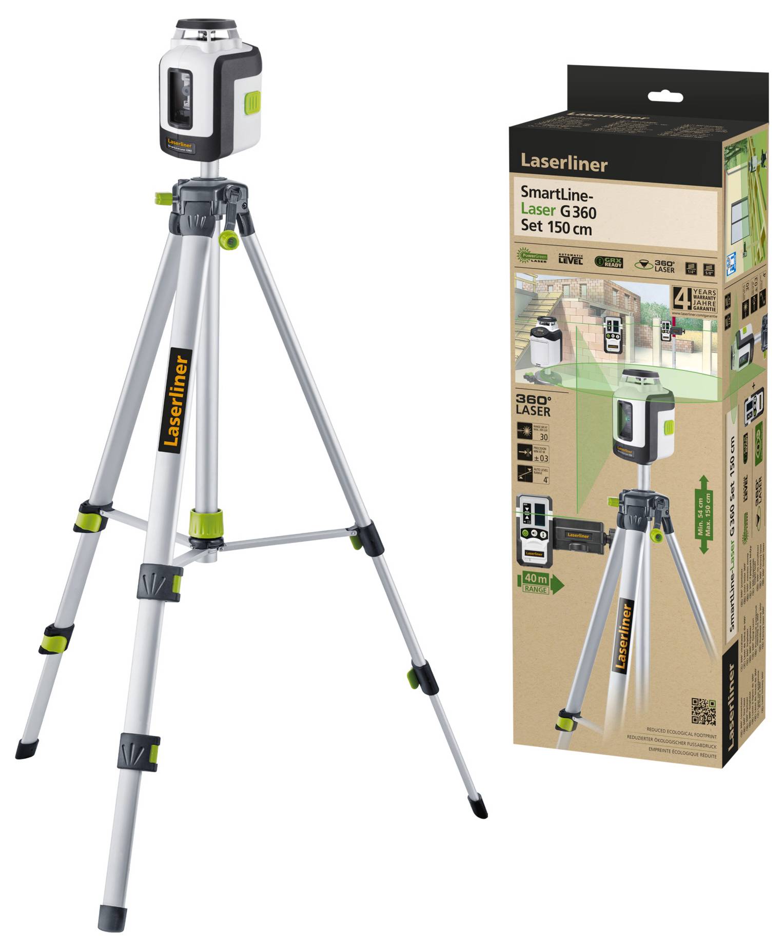 Laser spirit level with tripod. Packaging box shows applications, including construction and interior design uses.