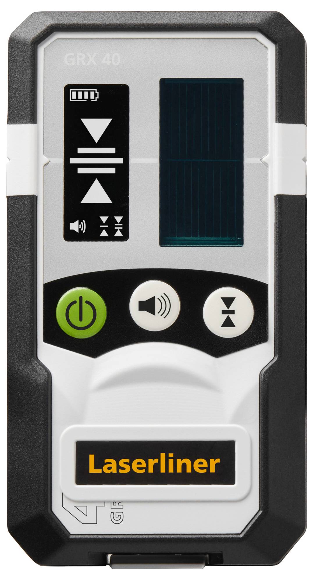 Laser distance meter with operation buttons and display screen. Battery charge level, measurement status symbols, and 'Laserliner' brand visible.