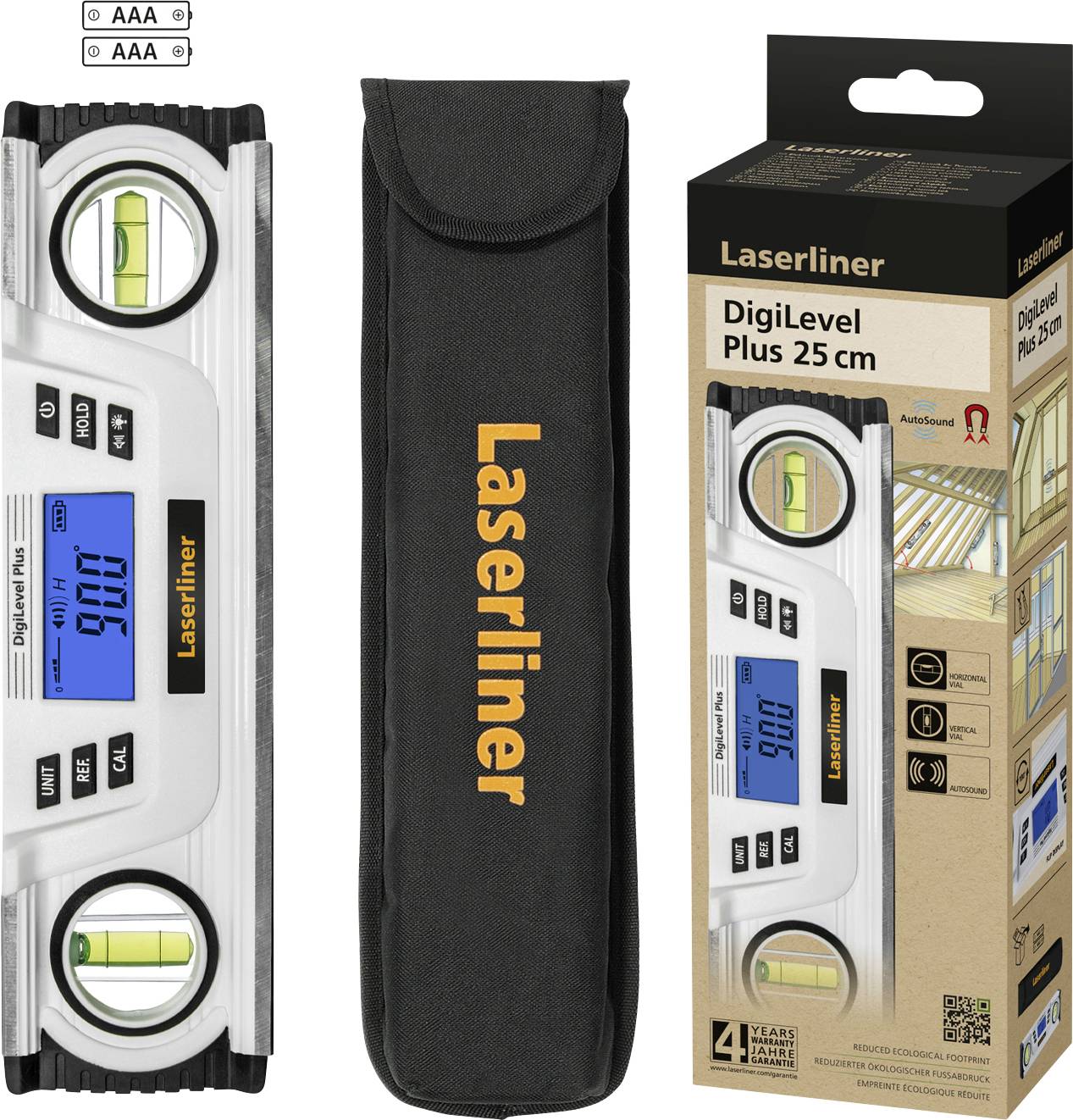 Spirit level 'Laserliner DigiLevel Plus 25 cm' with illuminated display, case and packaging, showing digital measurement functions.