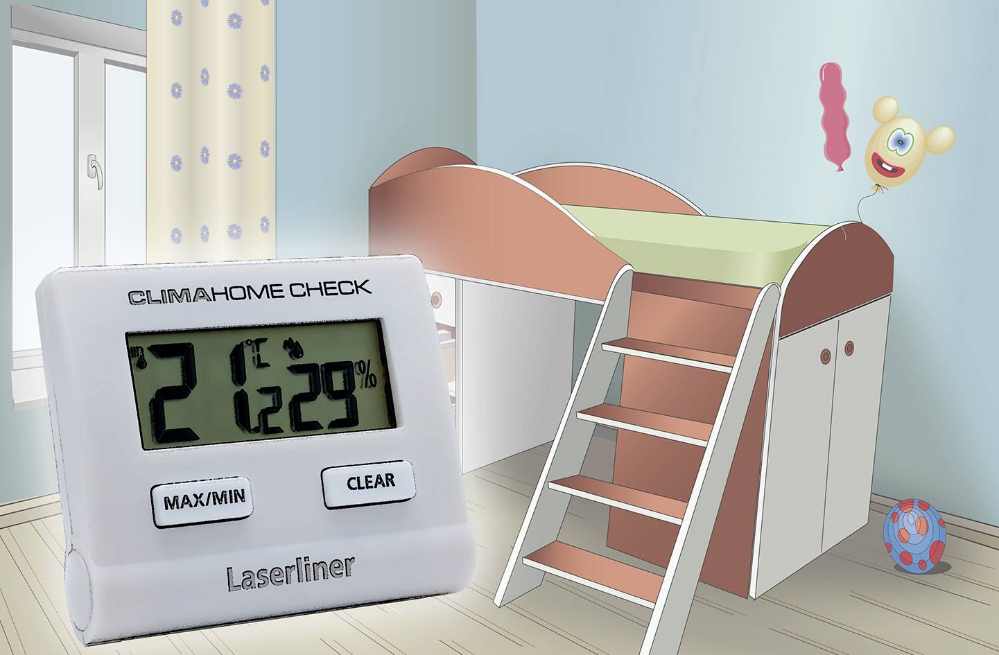 A digital thermo-hygrometer shows 21°C and 29% humidity. In the background, a children's bedroom with a high sleeper bed is visible.