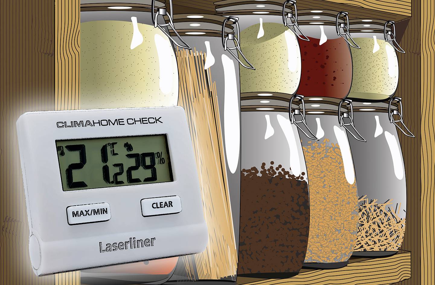 A digital hygrometer shows '21°C' and '29% humidity'. In the background, spice jars stand on a shelf.