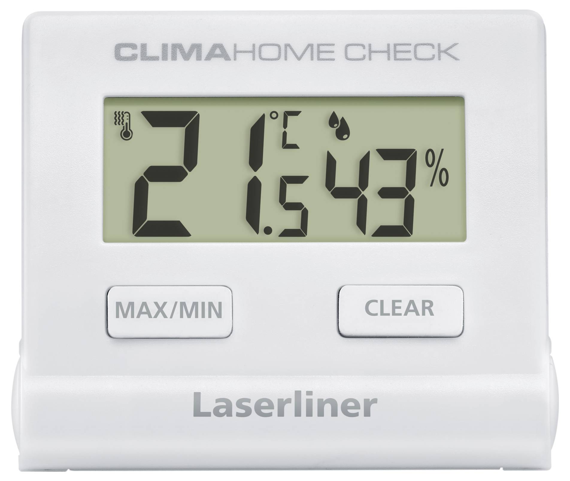 Digital thermometer with hygrometer, displaying 'CLIMA HOME CHECK' at the top, temperature 21°C, humidity 43%, buttons for 'MAX/MIN' and 'CLEAR'.