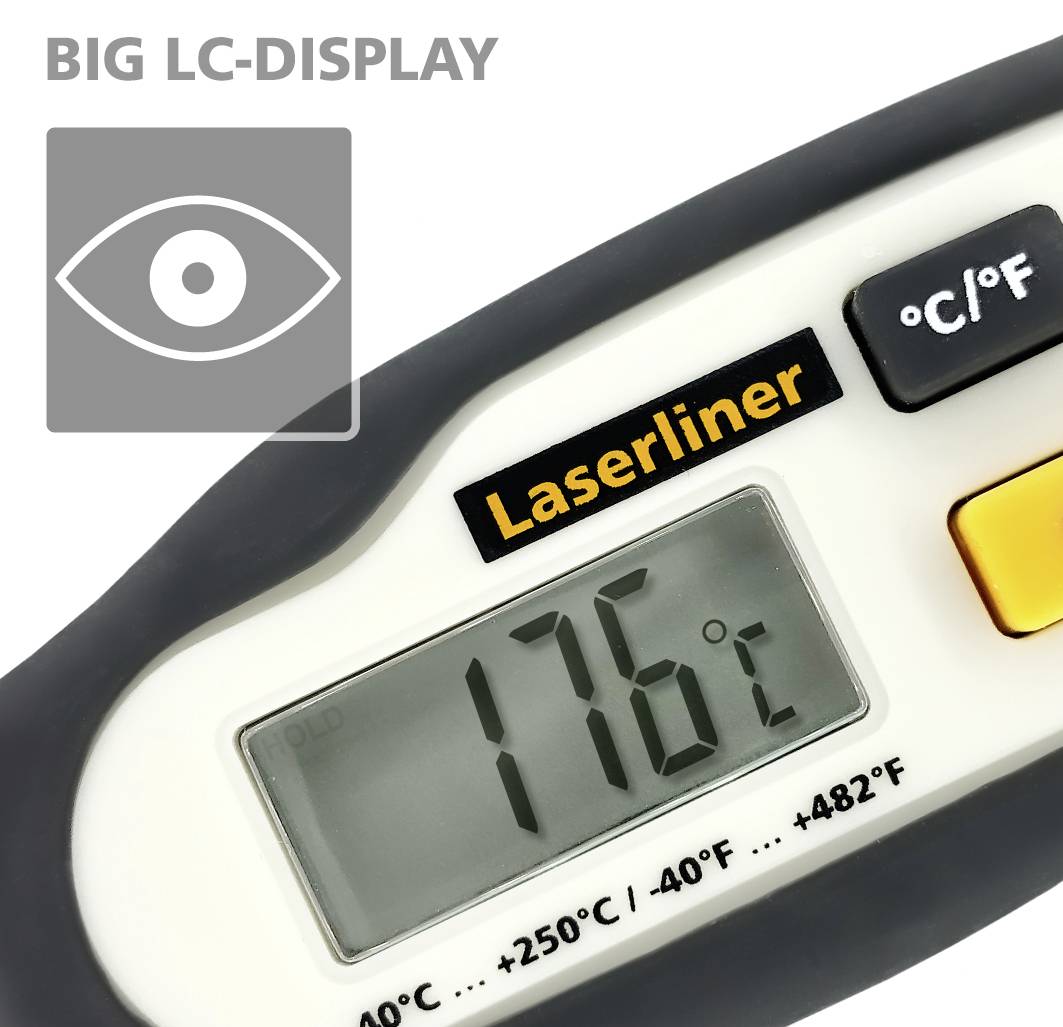 Thermometer shows 176°C on large LCD display, with an eye symbol and text 'BIG LC-DISPLAY' alongside.