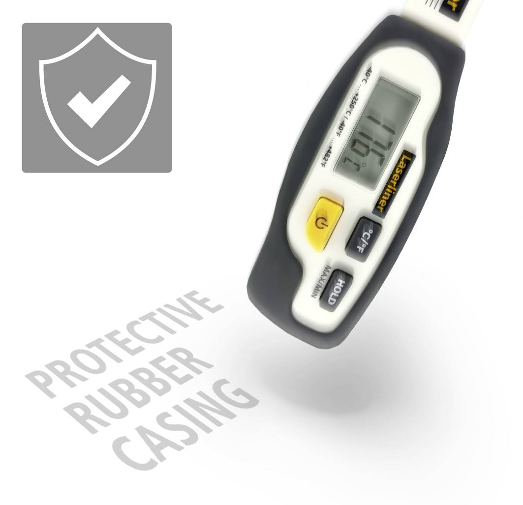 Digital thermometer with protective rubber casing, showing 19.6 degrees Celsius. Symbol: Tick mark in shield, indicating protective function.