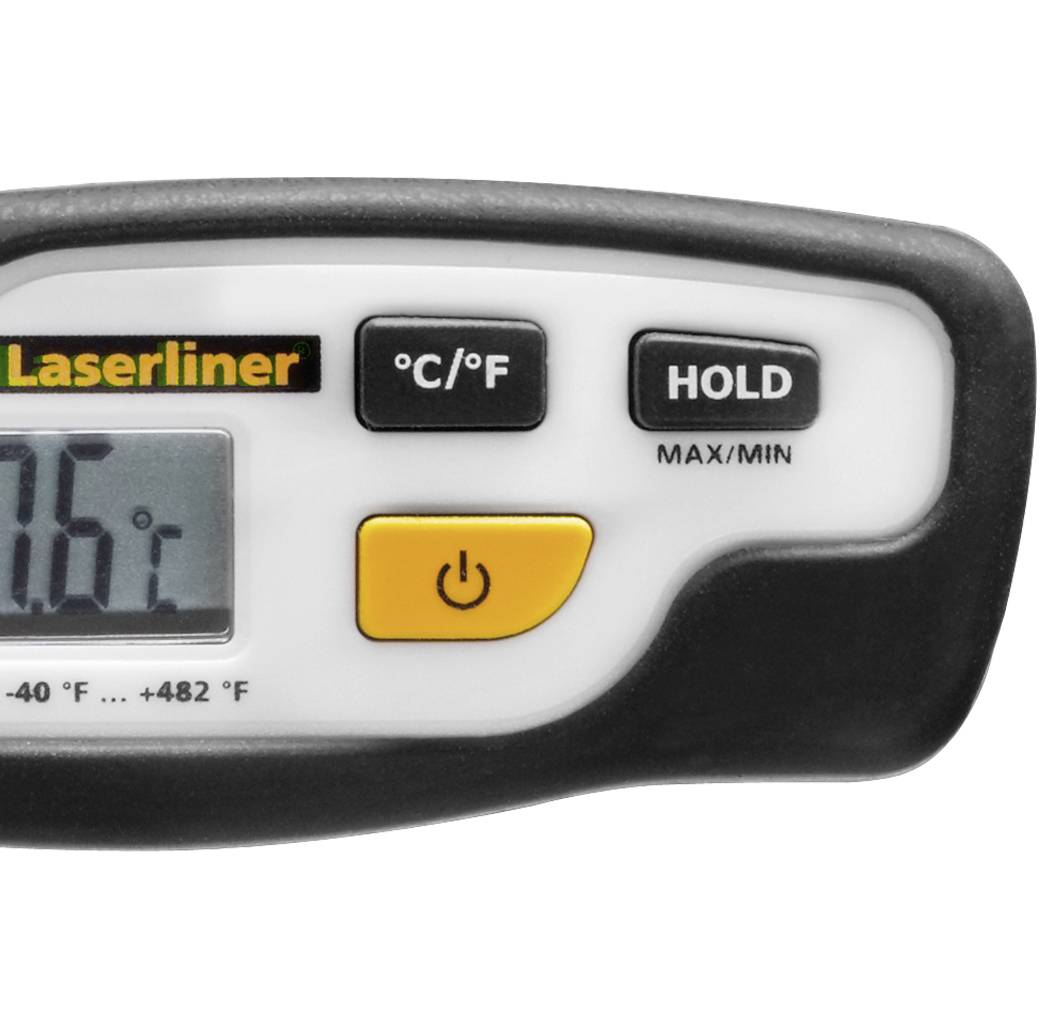 A digital infrared thermometer. Displays temperature in Celsius. Buttons for temperature unit and storing maximum/minimum values.